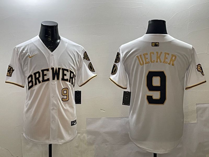 Men Milwaukee Brewers #9 Uecker White Gold Game 2025 Nike MLB Jersey style 4